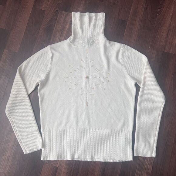 Norton McNaughton Sweater Size M Snowflake White Turtleneck Fitted Sleeves - Picture 8 of 10